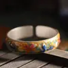 Joyería de Plata: Pulsera de Plata Pura 999.9 con Esmalte Pintado en Oro Estilo Nacional con Diseño Abierto y Patrón de Doble Pez, Pulsera Abierta de Nuevo Estilo Chino para Mujer