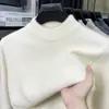 Suéter de hombre de terciopelo de visón transfronterizo engrosado de cuello alto medio, nueva camisa base de punto de color liso cálida de alta gama para otoño e invierno