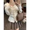 Cardigã de tricô com decote em V e babados estilo francês para mulheres, com corte justo, acinturado, adequado para primavera, outono e inverno, top feminino moderno