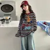 Camiseta de Manga Longa para Meninas Primavera e Outono Roupa Infantil Top Listrado de Desenho Animado Camiseta de Gola Redonda Conjunto Versátil para Jeans