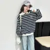 Conjunto Informal de Primavera para Niñas, Estilo Coreano, Sudadera a Rayas con Cuello Polo y Pantalones Vaqueros con Lazo, Tallas Mediana y Grande