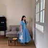Vestido Azul de Mangas Abullonadas con Cuello en V Estilo Suave para Mujer, Nuevo Vestido Largo Elegante de Verano que Ceñe la Cintura Estilo Dopamina