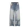 Jeans Lavados Estilo Calle Americano Oso Mágico, Pierna Recta, Diseño de Retazos Estampado de Leopardo, Pantalones Holgados de Pierna Ancha
