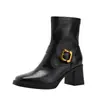 Botas Curtas Retro de Couro Macio com Solado de Couro, Salto Alto e Bico Quadrado, Botas Plataforma de Couro Macio com Salto Grosso ~ 7cm de Altura, Botas Elegantes que Aumentam a Altura e Emagrecem com