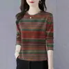 Camiseta de manga larga a rayas para mujer, cuello redondo, elegante, rejuvenecedora, que cubre la barriga, moda para mamás, top para mujeres de mediana edad