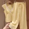 Pijama de renda de manga curta estilo minimalista puro desejo de verão para mulheres, shorts justos com bojo, conjunto de duas peças para casa