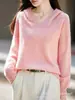 Suéter de lã de gola V sem costura para mulheres, novo moletom com capuz casual de fleece escovado que reduz a idade, malha de camada interna