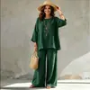 2026 Nuevo Conjunto Transfronterizo Europeo y Americano para Mujer en Amazon: Camisa Sencilla de Mezcla con Cuello Redondo y Pantalones Anchos Sueltos