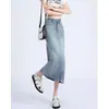 Falda de Mezclilla Tencel con Abertura Lateral Figura de Pera para Mujer Verano Delgada Talla Grande Cubre Carne Longitud Media Falda de Mezclilla Tencel Línea A