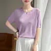 Blusa de Tricô Redonda Nova de Renda Lyocell Primavera/Verão, Camisa Básica Lisa de Manga Três Quartos Vazada, Camiseta de Listras Verticais para Mulheres