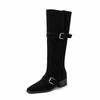 Botas Ocidentais de Couro Camurça com Fivela e Fivelas, Estilo Casual, Duas Formas de Usar, Salto Médio Quadrado, Botas Altas para Mulheres, Coleção Inverno 2025