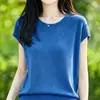 Nuevo Top de Punto para Mujer Primavera-Verano Tencel Lino Cuello Redondo con Mangas Cortas Ligeramente Volantes, Color Sólido, Diseño Hueco, Camiseta Básica, Camiseta, Moderno