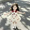 Vestido de Verano Dulce Estilo Coreano para Bebés Niñas, Cuello Rojo, Bordado de Manzana y Gatito, Vestido Floral sin Mangas Texturizado