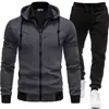 Conjunto deportivo casual de otoño e invierno con empalme para hombre, chaqueta con capucha de manga larga y pantalones largos