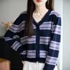 Suéter Jacket de Punto Fino Otoño Elegante con Borlas Rayado de Cuello en V para Mujer Moda Bordes Crudos Transfronterizo Bloques de Color Ajuste Holgado