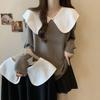 Suéter de Tricô Gola Peter Pan Estilo Francês Outono Novo Feminino Plus Size Solto Emagrecedor Color Block Manga Longa
