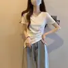 Ropa de Mujer Transfronteriza, Cubre Vientre, Camiseta de Manga Corta con Hombro Normal, Nuevo Estilo Verano 2025, Diseño de Tallas Grandes, Top Irregular con Cuello en V