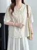 Camisa bordada de algodón puro estilo casual para mujer, nuevo modelo de verano 2026, corte holgado, adelgazante, versátil, cuello redondo, tie-dye, top de manga corta