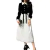 Vestido de Bloques de Color Patchwork con Cuello de Muñeco Estilo Temperamento para Mujer Otoño Lazo Vestido Pequeño Formal Falda Larga Línea A Transfronterizo