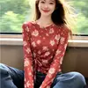Camiseta de Renda Floral Vermelha de Manga Longa para Mulheres, Novo Design de Verão, Estilo Nicho, Cintura Marcada, Emagrecimento, Top Cover-Up com Proteção Solar