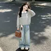 Sudadera con Patchwork y Ribete de Encaje para Niñas, Cuello Polo, Conjunto Casual de Dos Piezas para Primavera/Otoño con Jeans