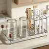 Estante de almacenamiento para baño de acero inoxidable estilo vintage con mango de madera de nogal, soporte para cepillo de dientes y pasta de dientes para encimera