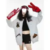 Chaqueta Bordada con Animales de Dibujos Animados en Color Azul Marino para Mujer, Nuevo Estilo de Primavera, Chaqueta Holgada Estilo Japonés, Gris de Moda