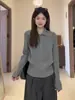 Suéter Cinza com Gola Reversível em Tricô Torcido para Mulheres, Estilo Coreano Outono e Inverno, Peça Interna que Rejuvenesce, Elegante Top de Tricô Macio