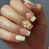 Unhas postiças removíveis de formato quadrado, doces e fofas, com bolinhas amarelas, estilo francês, flor 3D tridimensional, douradas