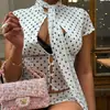 Ropa Femenina de Moda Transfronteriza Estilo Europeo y Americano, Diseño Sexy que Muestra el Abdomen, Conjunto de Vestido de Manga Corta, Conjunto de Dos Piezas de Lunares con Cuello Halter y Lazos