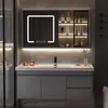 Gabinete de Banheiro Inteligente Bacia Integrada de Cerâmica Gabinete de Lavatório Simples Lavatório de Parede Estilo Luxo Leve de Madeira Maciça Gabinete de Lavatório