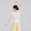 Top de verano para mujer para danza con mangas con volantes, de manga corta, adecuado para danza china, danza moderna y práctica, corte holgado y efecto adelgazante