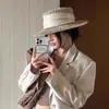 Sombrero de Paja Hueco de Ala Plana Estilo Old Money Francés para Mujer, Sombrero de Sol Vintage Estilo Británico de Verano, Sombrero de Sol para Vacaciones
