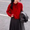 Cardigã de tricô oco estilo francês com laço delicado, bordas plissadas e gola redonda, elegante casaco-suéter feminino