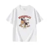 Camiseta de Manga Corta de Algodón Puro con Cuello Redondo Azul Oscuro para Mujer, Nuevo Estilo de Verano, Estampado de Dibujos Animados Retro Americano, Top Holgado Casual
