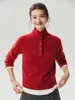 Suéter de Tricô Henley Retro com Botões e Gola Meia-Alta Feminino 75% Cashmere 25% Seda Fio de Flor Manga Longa Solto para o Dia a Dia
