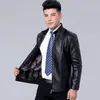Chaqueta de cuero para hombre de otoño e invierno, chaqueta casual de negocios de cuero PU sintético, cuello alto, cremallera, engrosada con forro polar, abrigo para hombre al por mayor