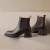 Botas Martin de Tacón Alto Retro Personalizadas para Mujer, Botas Estrechas de Tacón Grueso Estilo Británico, Botines Chelsea Elegantes de Cuero Genuino Marrón
