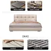 Cama de Couro Estilo Minimalista Italiano Cor Creme Seção Quadrada Estofamento Macio Acolchoado Cabeceira Grande Quarto Principal Cama de Casal Moderna Couro Nappa Cama de Casamento