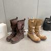 Botas de Caballero con Correas Retro para Mujer 2025 Otoño e Invierno Botas Nuevas Tacón Grueso Pulido Punta Redonda Botas de Media Pantorrilla Botas Vaqueras Occidentales