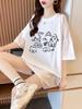 Camiseta Blanca de Algodón Pesado de Manga Corta con Estampado de Dibujos Animados para Mujer 2025 Nueva Superior de Longitud Media Holgada con Efecto Adelgazante