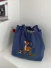 Bolsa de Ombro Bordada com Veado e Folha de Bordo Bolsa Tote de Nylon com Cordão Retrô Bolsa para Estudante Literário e Comutador Estilo Preguiçoso