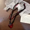 Collar de Cadena para Clavícula de Doble Capa con Colgante de Corazón Rojo y Perlas Negras Dulce y Fresco para Mujer