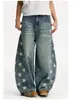 Jeans American Retro Estampa de Estrela com Fenda Lateral Estilo Cimitarra Cleanfit Outono Calças Largas High Street Femininas