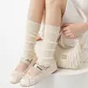 Calcetines para Niñas Primavera y Verano Calcetines hasta la Pantorrilla con Volantes de Encaje Rayados Calentadores de Piernas Color Sólido Calcetines Sueltos Malla Hueca Delgados Elásticos