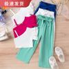 Ropa para Niños Baoxian Europea y Americana Primavera y Verano Multicolor Hombro Caído Tirantes Encaje Unilateral Top Pantalones con Cinturón Color Puro Traje de Moda