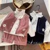 Chaleco de Pana Artístico con Bordado Floral 3D para Niñas Jóvenes, Top con Cuello Volante, Pantalones Jogger Bordados