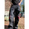 Jeans de design floral bordado retrô americano para homens e mulheres, calça versátil de perna reta larga de nicho da moda de rua rasgada