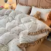 Estilo Coreano Estilo Princesa Renda Veludo Leite Conjunto de Quatro Peças Inverno Quente Espessado Lençol Capa de Edredom Conjunto de Três Peças para Dormitório Estudantil