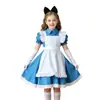 Fantasia de Performance Infantil Alice para Meninas de Halloween Avental Branco Adereço de Cabeça Azul Roupa de Empregada Vestido para Role-Playing